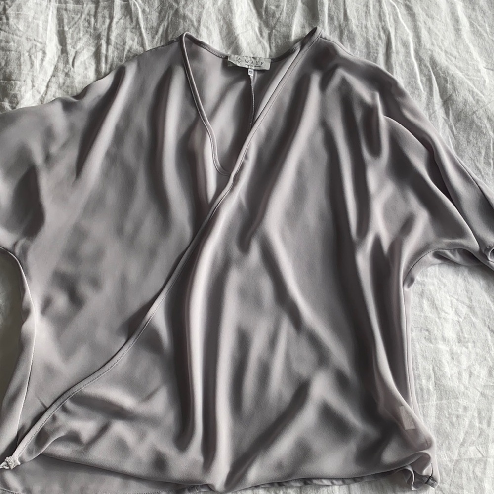 Sheer gray-purple wrap blouse